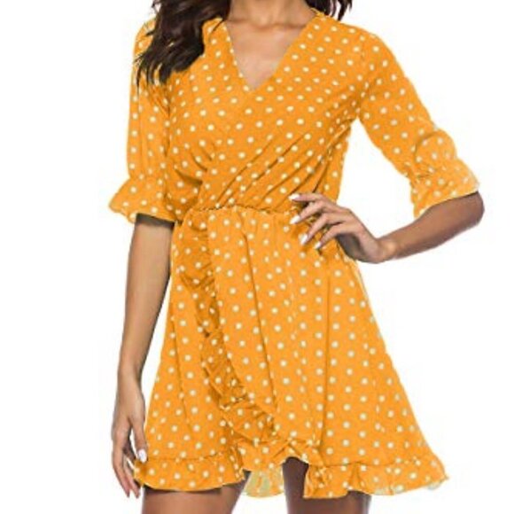 NWT Cupshe Women Yellow Ruffled Polka Dot Faux Wrap V Neck Swing Mini Dress PLUS - Picture 1 of 7